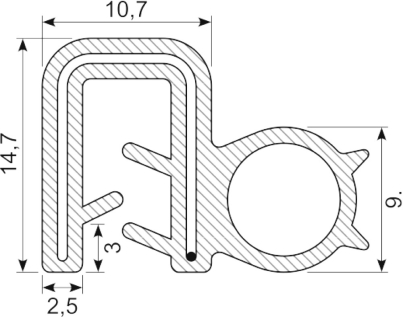 Silicone edgetrim with side bulb 2.0-3.0 mm black (5 m)