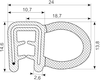 SEALING SECTION 1.5-3.0 mm , 14 mm bulb on side  EPDM EN45545 (10 m)