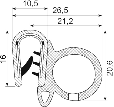 SEALING SECTION 2.5-4.0 mm , 16 mm bulb on side  EPDM (10 m)
