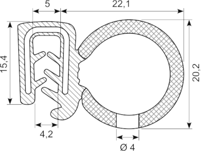 SEALING SECTION 2.0-4.0 mm , 19 mm bulb on side  EPDM (10 m)