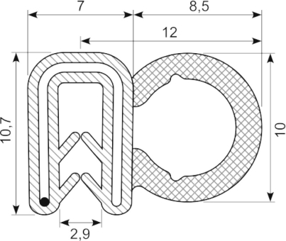 SEALING SECTION 1.0-2.5 mm , 8 mm bulb on side  EPDM (10 m)