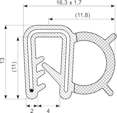 SEALING SECTION 1.0-3.0 mm , 7 mm bulb on side  EPDM EN45545 (10 m)
