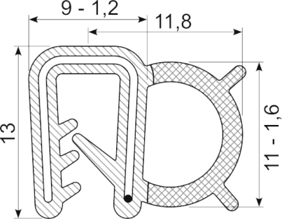 SEALING SECTION 1.0-2.0 mm , 7 mm bulb on side  NBR (10 m)