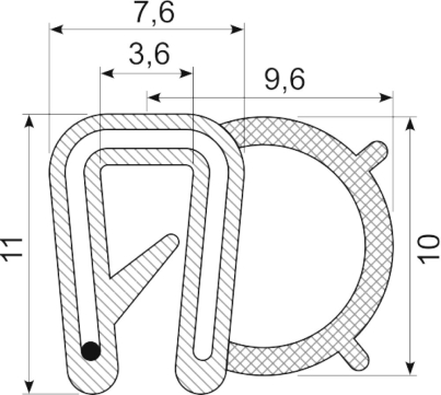 SEALING SECTION 1.0-2.0 mm , 6 mm bulb on side  EPDM EN45545 (10 m)