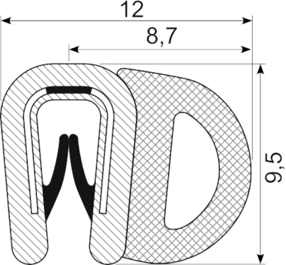 SEALING SECTION 1.0-2.0 mm , 6 mm bulb on side  PVC/EPDM (10 m)