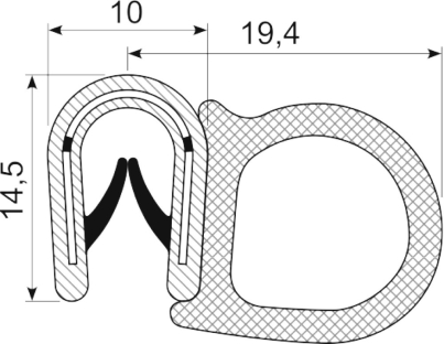 SEALING SECTION 1.0-4.0 mm , 14 mm bulb on side  PVC/EPDM (10 m)