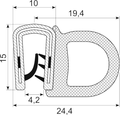 SEALING SECTION 2.0-4.0 mm , 14 mm bulb on side  PVC/EPDM STAINLESS (10 m)