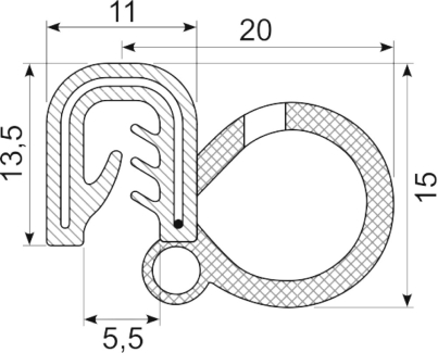SEALING SECTION 1.0-2.0 mm , 14 mm bulb on side EPDM (10 m)