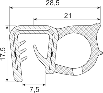 SEALING SECTION 5.0-8.0 mm , 15 mm bulb on side  EPDM (10 m)