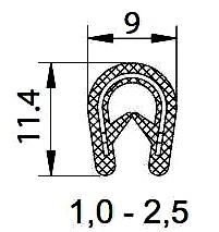 [RH0074] EDGETRIM 1.0-2.5 mm BLACK PVC WITH METAL INSERT (100 m)
