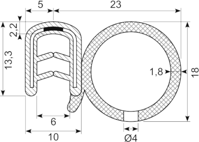 [RH3019] SEALING SECTION 1.0-4.0 mm ,18 mm bulb on side  EPDM (10 m)