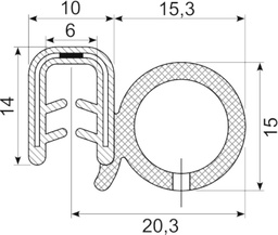 [RH3020] SEALING SECTION 1.5-3.0 mm ,15 mm bulb on side  EPDM (10 m)