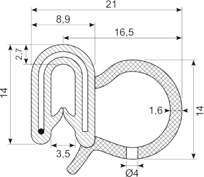 [RH3319] SEALING SECTION 1.0-3.0 mm ,12 mm bulb on side  EPDM (10 m)