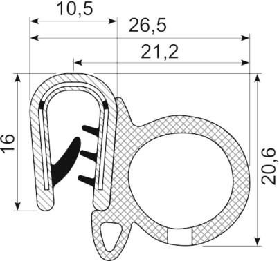 [RH339X] SEALING SECTION 2.5-4.0 mm , 16 mm bulb on side  EPDM (10 m)
