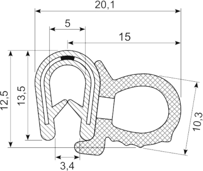 [RH3372] SEALING SECTION 1.0-3.5 mm , 10 mm bulb on side  EPDM (10 m)
