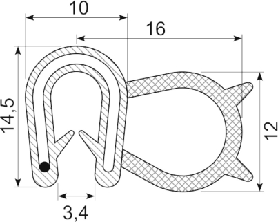 [RH3396] SEALING SECTION 1.0-3.0 mm , 11 mm bulb on side  EPDM (10 m)