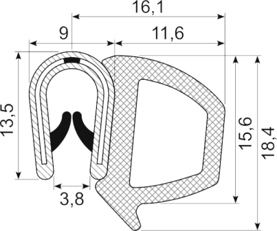 [RH3444] SEALING SECTION 1.0-3.5 mm , 12 mm bulb on side  PVC/EPDM (10 m)