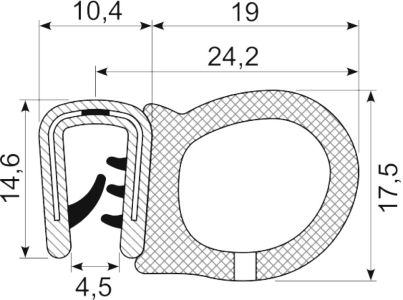 [RH3452] SEALING SECTION 2.0-4.0 mm , 14 mm bulb on side  PVC/EPDM (10 m)