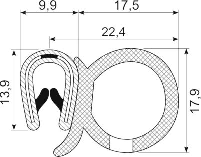 [RH3453] SEALING SECTION 1.0-3.5 mm , 17 mm bulb on side  PVC/EPDM (10 m)