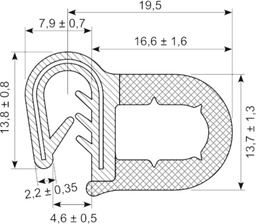 [RH3451] SEALING SECTION 2.0-4.0 mm , 13 mm bulb on side  EPDM (10 m)