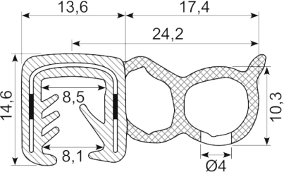 [RH3455] SEALING SECTION 4.0-6.0 mm , 17 mm bulb on side  EPDM (10 m)