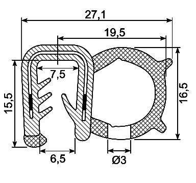 [RH3457A] SEALING SECTION FOR 1-4.5 mm withwith 14 mm side bulb  EPDM/EPDM (10m)