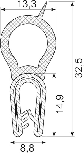 [RH3360-SS304] SEALING SECTION 1.0-2.5 mm, 17 mm spongue on top with stainless insert AISI 304 (10m)